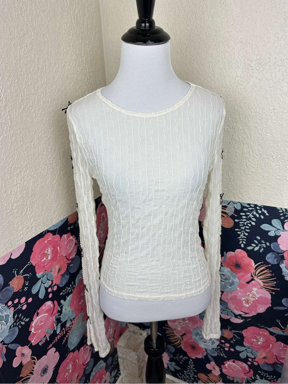 Frankee & Skylarr Cream Cottagecore Bow Sleeve Mesh Fitted Top Blouse Large